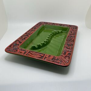 Vintage ceramic green & brick red rectangle ashtray | mid-century | man cave
